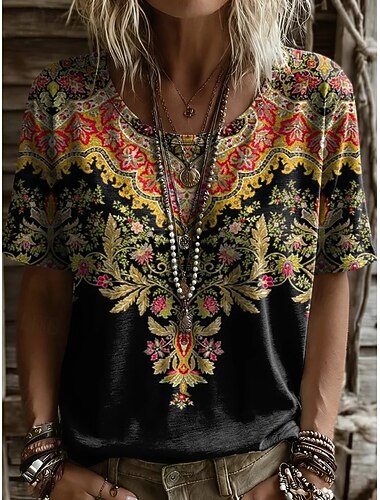  نسائي تي شيرت طباعة ورد الرسم النباتات عتيق أنيق كاجوال كم قصير V رقبة قمصان طويلة فضفاض مناسب للبس اليومي عطلة نهاية الاسبوع أزرق أسود أحمر الصيف الربيع