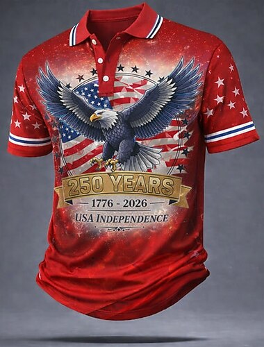  4 يوليو 2026، الذكرى 250 رجالي علم الولايات المتحدة الأمريكية قمصان البولو كم قصير قمصان البولو قميص بياقة كاجوال الأماكن المفتوحة ملابس الشارع ملابس الرياضة Buttons خامة شبكية تسمح بمرور الهواء