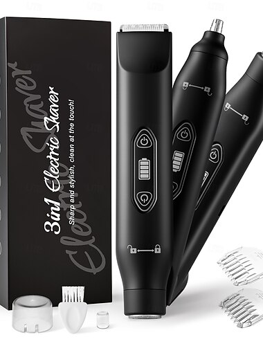  3-i-1 elektrisk barbermaskin for menn, profesjonelt pleiesett med skjegg &nesetrimmer, USB-oppladbar barbermaskin med LED-skjerm, trådløst bærbart verktøy for hårfjerning i ansiktet, ideell gave til