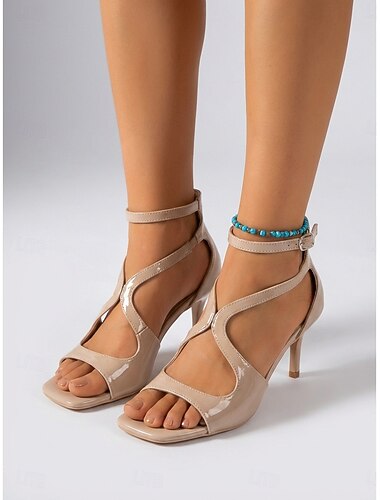  Damessandalen met bandjes en hoge hakken in nude tint, elegante open teenschoenen voor bruiloftsgasten, tuinbruiloft &formele evenementen