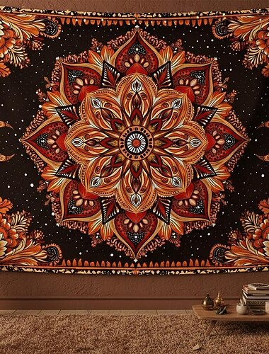  Boho mandala väggbonad halvmåne stjärnklar natt blomma väggbonad bränd orange hippie psykedelisk konst stor tygaffisch för sovrum studentrum vardagsrum yoga meditation dekor