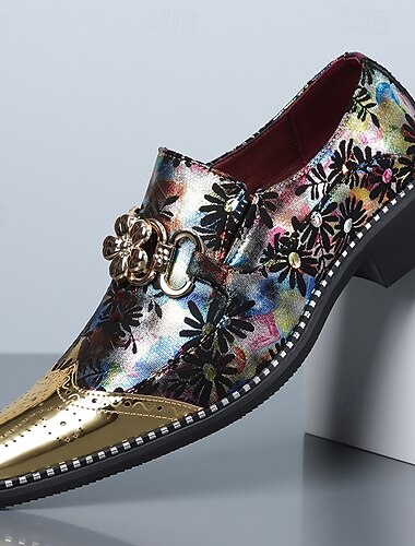  Geklede herenschoenen met bloemenprint, spitse neus en metallic neuskap, modieuze instappers voor stijlvolle mannen, ideaal voor feesten, bruiloften, banketten en podiumoptredens.
