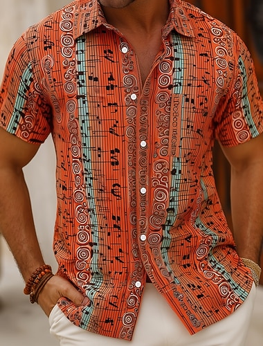  Herre Musikknotater Skjorte Skjorte med knapper Kortermet Vintage retro Daglig musikk festival Sommer Vår Aftæpning 3D-utskrift krage skjorter Blå Lilla Oransje Grønn