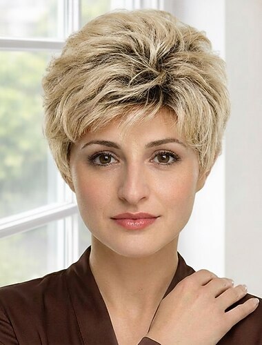  Perruque synthétique courte et décoiffée pour femme - blond clair avec des reflets subtils, volume texturé