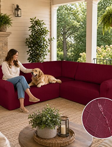  wasserdichte Eck-Sofabezüge in Burgunderrot, L-förmiger Sofabezug, Stretch-Jacquard, weicher, dicker U-förmiger Schonbezug, Wohnzimmer-Set, universeller, rutschfester Möbelschutz für Haustiere und
