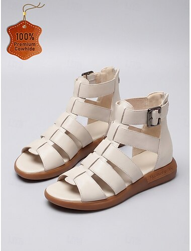  Beige gladiatorsandaler för kvinnor – snygga lädersandaler med flera remmar, vardagliga promenadskor för resor, sommarkläder &dagligt slitage