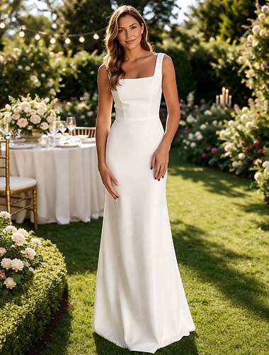  Funda Columna Hasta el Suelo Luna de miel Vestidos de novia Vestidos para la despedida de soltera Vestido de novia Casual Sin Mangas Escote Cuadrado Graduación Cumpleaños Tejido elástico con Cinta