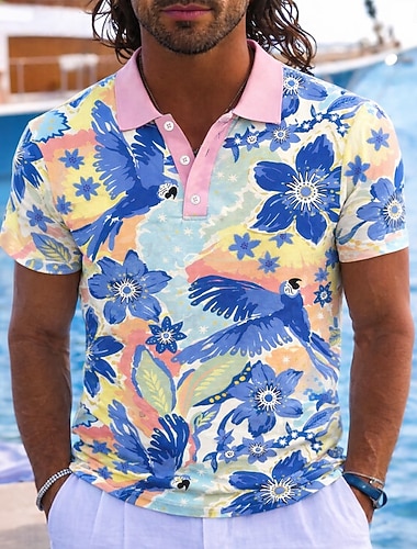  בגדי ריקוד גברים חיה חולצות פולו הוואי שרוולים קצרים חולצות פולו דש אתר נופש בגדי ספורט ומנוחה בגדי נופש הדפסת תלת מימד כפתורים אביב קיץ פול צהוב ורוד מסמיק