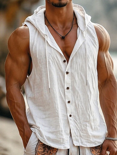  Herre Skjorte Linskjorte Sommerskjorte Strand Klær Skjorte med knapper Skjorte med hette Helfarge Feriereise Gate Blå Svart Hvit Grønn Ermeløs Med hette Sommer Vår Klær