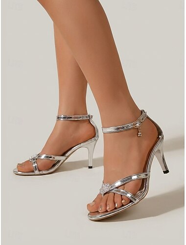  סנדלים וינטג' לנשים בסגנון גטסבי הגדול משנות ה-20 עם עקבים כסופים - נעלי סטילטו משובצות אבני חן נוצצות למסיבות פלאפר וחתונות זוהרות &גאלות ערב