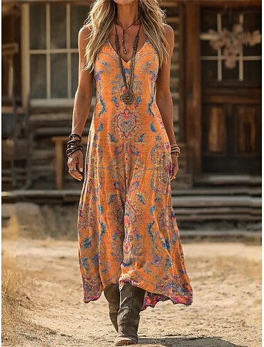  Dames Halflange jurk Boho-jurk Vintage Jurk Casual jurk Vintage Flowy Normale pasvorm Boho Bloemig Grafisch Mouwloos V-hals Rood Paars Oranje Zomer Lente