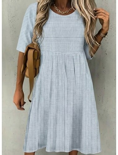  Per donna Abito Midi Vestito Casual Abito a trapezio Elegante Casual Quotidiano Vacanza Vestibilità comoda A righe Manica Corta Girocollo Grigio Azzurro Estate Primavera