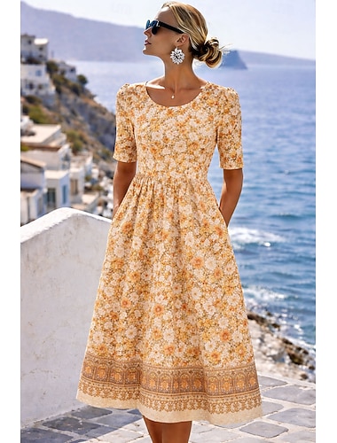  Damen Midikleid Shiftkleid Urlaub Vintage Lässig Normale Passform Blumen Grafik Böhmische Kurzarm Rundhalsausschnitt Blau Gelb Rosa Sommer Frühling