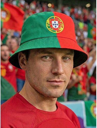  Omkeerbare polyester bucket hat voor heren, met print van de Portugese vlag, lichtgewicht voetbalpet voor wedstrijddagen, supporters, casual sport en outdoor kleding.