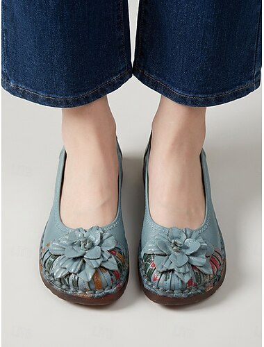  Women's Light Green Premium Leather Flats – Wide Fit Comfort Slip-On Shoes with Handcrafted Floral Detail for Country Life, Garden and Everyday Wear