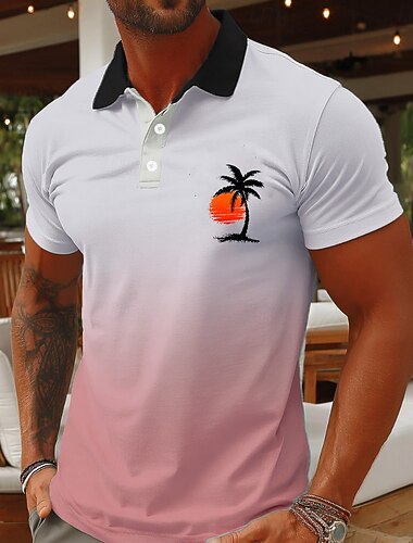  בגדי ריקוד גברים עץ דקל חולצות פולו הוואי שרוולים קצרים חולצות פולו חולצות עם צווארון יום יומי אתר נופש בגדי ספורט ומנוחה בגדי נופש הדפסת תלת מימד כפתורים רשת נושמת אביב קיץ פול ורוד מסמיק תלתן