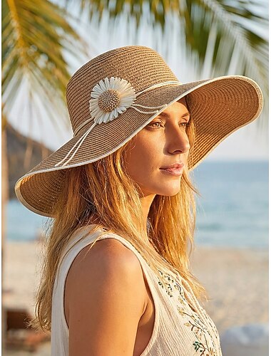  Dam bohemisk stråhatt, flerfärgad vikbar strandhatt med brett brätte och blommig accent för semesterresor, resortkläder, friluftsliv och vardaglig avslappnad stil