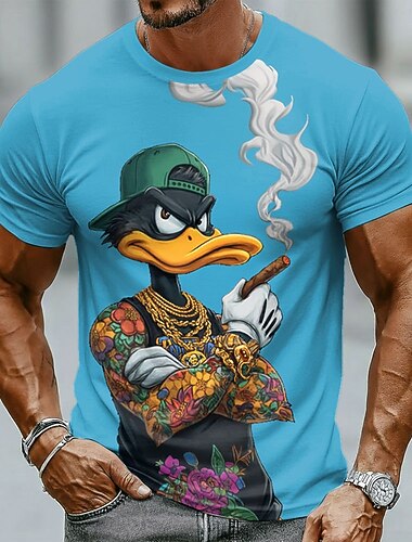  Pato gánster fumando cigarro cadenas de oro tatuaje hip hop streetwear hombre divertido camiseta gráfica cuello redondo manga corta azul claro atuendo casual fiesta regalo de cumpleaños para él ropa