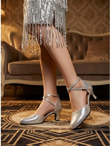  女性用 1920年代 ヴィンテージ ギャツビー シルバー &黒のハイヒール - フラッパー風の衣装やジャズクラブにぴったりの、レトロなミッドヒールが付いたエレガントなグリッタークロスストラップアンクルストラップパンプス &フォーマルな祝賀会