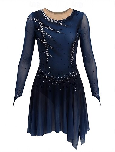  שמלה להחלקה אמנותית בגדי ריקוד נשים בנות החלקה על הקרח שמלות כחול כהה חור לאגודל צביעת האלו מושלמת גמישות גבוהה מקצועי תחרות ביגוד להחלקה על הקרח שמור על חום הגוף קריסטלים / אבנים נוצצות שרוול ארוך
