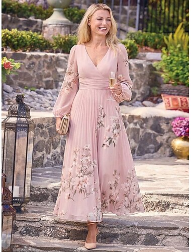 Dam Maxiklänning Chiffongklänningar Blommig klänning Klänning med tryck Elegant Mode Modern Utomhus Semester Helgdag Normal Blommig Långärmad V-hals Ljusgrön Rodnande Rosa Marinblå Ljusblå Sommar Vår