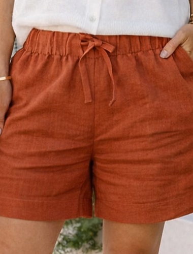  Dame Shorts Sommershorts Strandshorts Casual shorts Ferie Mote Fritid hverdag Kort Høy Midje Helfarge عادي Snorer Lomme Elastisk midje Komfort Myk Pustende Uelastisk Gateklær Strand Ferie Mursteinsrød