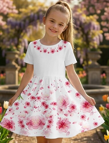  Meisjes 3D Bloemig Grafisch Jurk Korte mouw 3D-afdrukken Zomer Lente Dagelijks Vakantie Feest leuke Style Basic Casual Kinderen 4-12 jaar Casual jurk A lijn jurk Tot de knie Normale pasvorm