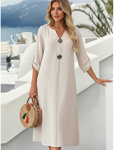  Damskie Sukienka midi Bawełniana lniana sukienka Moda Nowoczesny Codzienny Na zewnątrz Urlop Luźna Równina Długi rękaw W serek Biały Rumiany róż Zielony Jasnoniebieski Wiosna Jesień