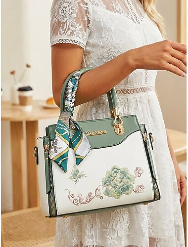  Sac à main brodé de fleurs pour femme avec foulard assorti, en similicuir, disponible en plusieurs couleurs, style décontracté élégant, parfait pour le quotidien, le bureau et les sorties entre amis.