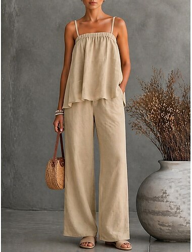  Damen Baumwoll-Leinen-Sets Hosen-Sets Ärmellos Träger Einfarbig Mode Streetwear Boho Lässig Täglich Outdoor Khaki Sommer Normale Passform