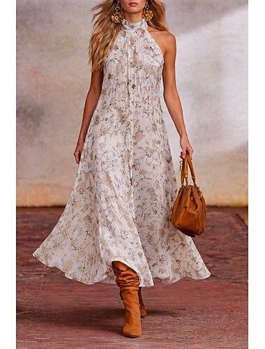  Damskie Sukienka midi Sukienka letnia Sukienka A line trykotowa sukienka Sukienka z odkrytymi ramionami Urlop Impreza Boho Na zewnątrz Plaża Impreza Kwiaty Graficzny Bez rękawów Kantarka Biały Lato