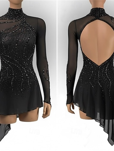  Robe de patinage artistique Femmes Patinage Robe Noir Patchwork Dos Nu Élastique Entraînement Compétition Tenue de Patinage Classique cristal pailleté manche longue Patinage sur glace Patinage