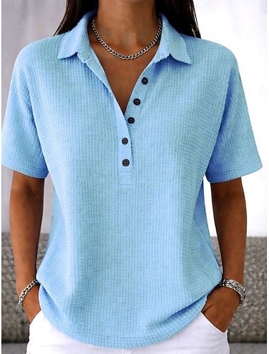  Waflová tunika s knoflíky jednobarevná hladká vintage stylová klasická krátký rukáv s přehnutým límcem běžné topy každodenní bílá růžová světle modrá léto jaro