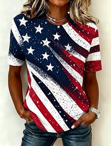  Amerikan itsenäisyyspäivä Naisten T-paita Painettu Kuvitettu Lippu Kirjain Vintage Muoti Tyylikäs Lyhythihainen Tiukka pyöreä kaula-aukko Tavalliset topit Kausaliteetti Päivittäin Viikonloppu Sininen