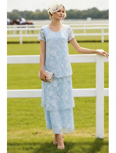  A-linje Ankellengde Chiffonkjoler Kjole til brudens mor Kortermet Crew-hals Øsehals Elegant Årgang Formell Bryllupsgjest Bryllupsfest Chiffon Jacquard med Sløyfe(r) Blomst