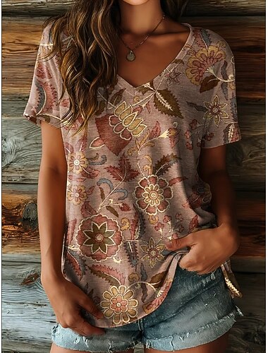  Damen T Shirt Druck Blumen Grafik Pflanzen Vintage Mode Hawaiianisch Kurzarm V Ausschnitt Normale Oberteile Täglich Ausgehen Wochenende Blau Violett Braun Grün Sommer Frühling