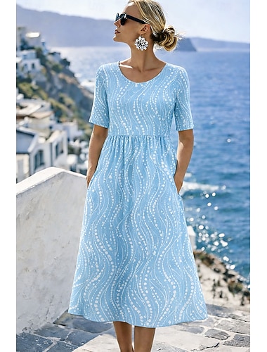  Damen Midikleid Shiftkleid Urlaub Lässig Normale Passform Grafik Tupfen Kurzarm Rundhalsausschnitt Blau Rosa Purpur Grün Sommer Frühling