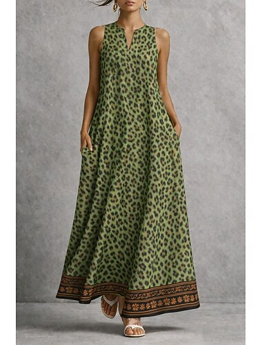  Dames Maxi-jurk Zonnejurk A lijn jurk Vakantie Casual Boho Feestdagen Normale pasvorm Grafisch Luipaard Mouwloos V-hals blauw Blozend Roze Rood Bruin Zomer Lente