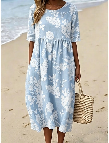  Mulheres Vestido midi Vestido da bainha Vestido T shirt Vestido A Line Vestido de verão Férias Casual Boho Diário Vestido de verão vestido de primavera Ajuste Largo Floral Gráfico Manga Curta Gola
