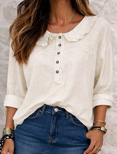  Dames Overhemd Wafel Shirt Popover-shirt Normaal shirt Effen Kleur Effen Vakantie Modieus Casual Lange mouw Strakke ronde hals Normale tops Streetwear Strand Feestdagen Zwart Wit Marineblauw Abrikoos