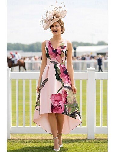  A-linje Asymmetrisk Te-lengde Derbykjole Kjole til brudens mor Ermeløs V-hals Elegant Årgang Kentucky Derby Sateng med Blomst Tryk