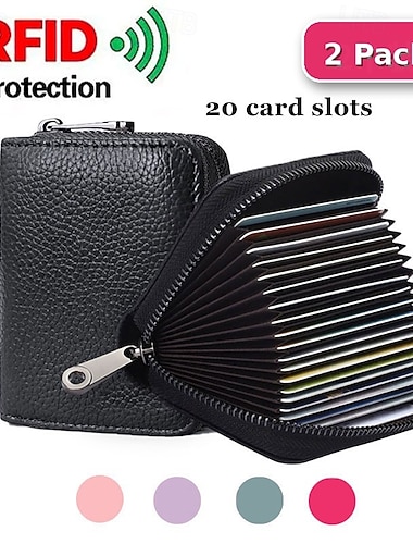  Paquete de 2 tarjeteros con bloqueo RFID para mujer &Cartera de hombre de cuero genuino con cremallera y 20 ranuras para tarjetas, estuche organizador de viaje de gran capacidad tipo acordeón,
