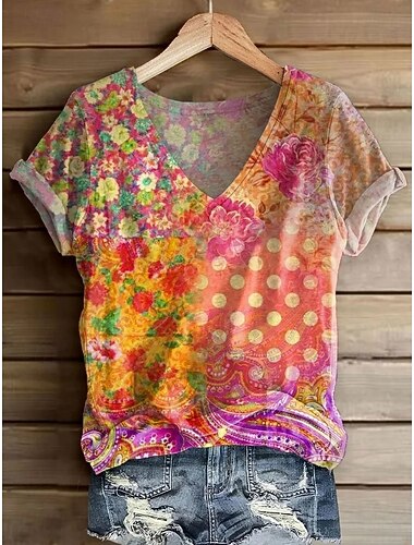  نسائي تي شيرت طباعة ورد الرسم النباتات عتيق أنيق كاجوال كم قصير V رقبة قمصان عادية مناسب للبس اليومي عطلة نهاية الاسبوع أزرق الأرجواني الأزرق أبيض أصفر وردي بلاشيهغ الصيف الربيع