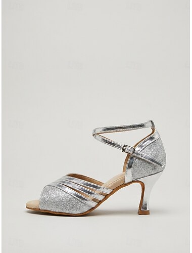  Women's Silver Glitter Latin Dance Heels - Classic Strappy Ballroom Salsa Dance Shoes