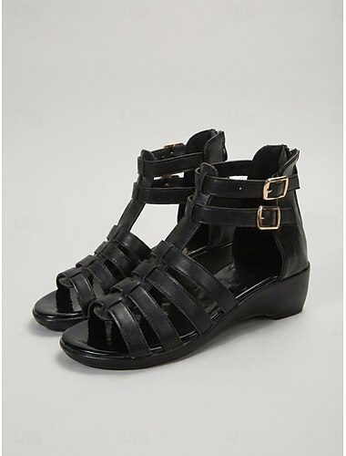  Sandales gladiateur noires pour femmes – sandales à talons compensés et brides réglables à boucle, chaussures d'été élégantes pour les voyages et les activités de plein air. &vêtements de tous les