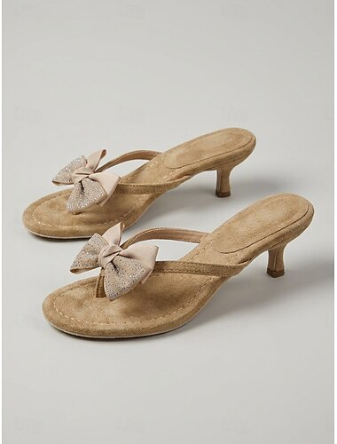  סנדלי חוטיני שחורים ואלגנטיים לנשים עם פפיון - כפכפים אופנתיים עם עקב חתלתול וקשירת פפיון דקורטיבית לחופשות שייט יוקרתיות, מסיבות קיץ על הסיפון &בגדי נופש טרופי