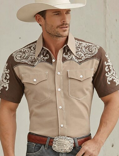  Herr Etnisk Intrikata blommor Skjorta Västerländsk skjorta Cowboyskjorta Kortärmad Vintage retro Ledigt Utomhus Arbetskläder Sommar Vår Nedvikt 3D-utskrift Främre två fickor Linne som skjorta Blå Kaki