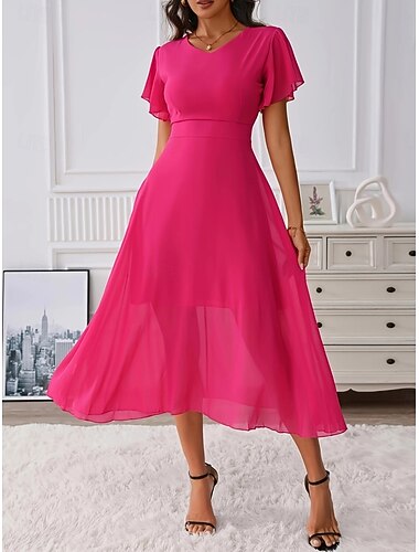  Dámské Midi šaty Áčkové šaty Letní šaty Na běžné nošení Denní Běžný Bez vzoru Krátký rukáv Do V Fialová Fuchsiová Trávová zelená Léto