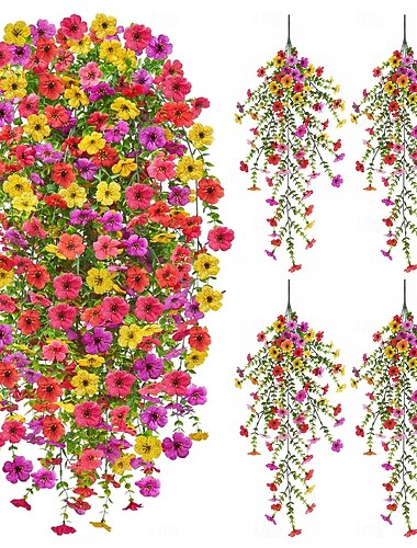  Konstgjorda hängande blommor för utomhusbruk, 4 st UV-resistenta konstgjorda violetta utomhusblommor, sidenblommor för utomhus uteplats veranda framsida fönster trädgård inomhusdekor