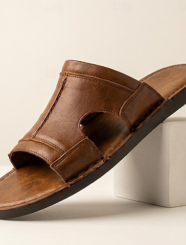  męskie brązowe sandały z imitacji skóry z odkrytymi palcami, wygodne, letnie, codzienne, na plażę i do noszenia na co dzień